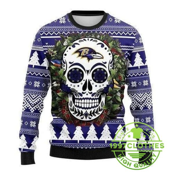 Baltimore Ravens Skull Flower Calavera Ugly Christmas Sweater, Baltimore Ravens Ugly Sweater, NFL Ugly Sweater