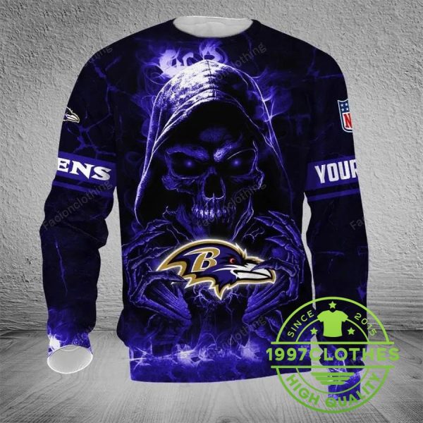 Baltimore Ravens Skull NFL Personalized Ugly Christmas Sweater, Baltimore Ravens Ugly Sweater, NFL Ugly Sweater