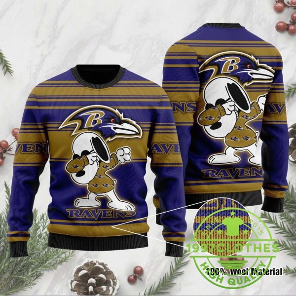 Baltimore Ravens Snoopy Dabbing Ugly Christmas Sweater, Baltimore Ravens Ugly Sweater, NFL Ugly Sweater