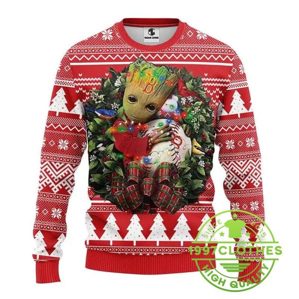 Boston Red Sox Groot Hug Ugly Christmas Sweater, Boston Red Sox Ugly Sweater, MLB Christmas Sweater