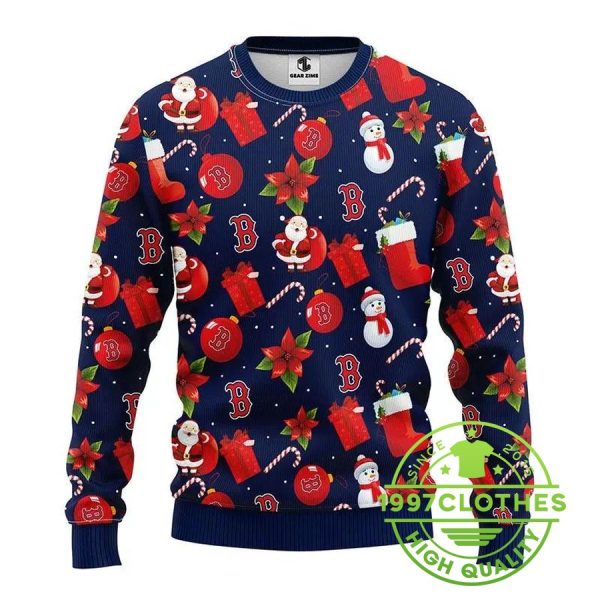 Boston Red Sox Santa Claus Snowman Ugly Christmas Sweater, Boston Red Sox Ugly Sweater, MLB Christmas Sweater