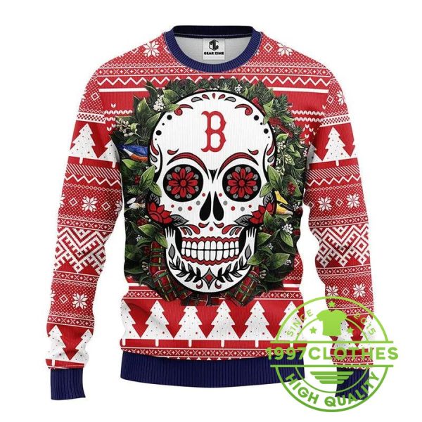 Boston Red Sox Skull Flower Ugly Christmas Sweater, Boston Red Sox Ugly Sweater, MLB Christmas Sweater