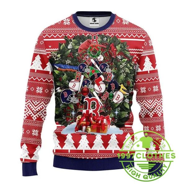 Boston Red Sox Tree Christmas Ugly Sweater, Boston Red Sox Ugly Sweater, MLB Christmas Sweater