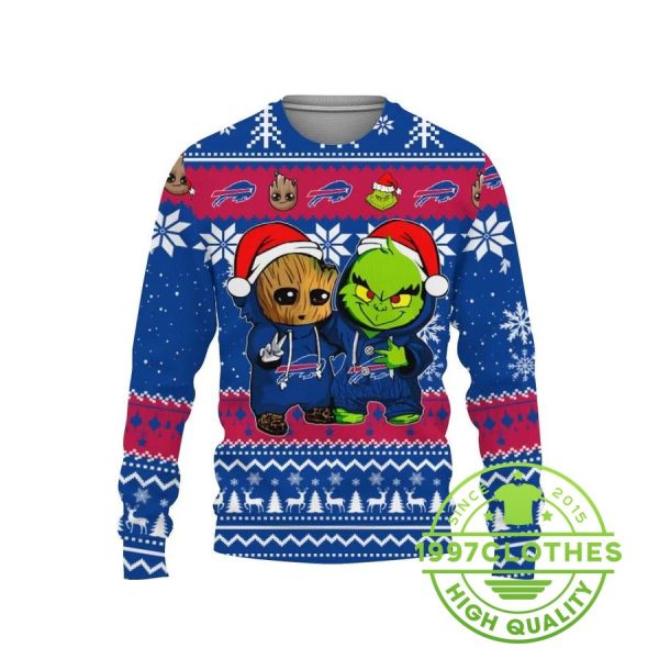 Buffalo Bills Baby Groot And Grinch Best Friends Ugly Christmas Sweater, Buffalo Bills Ugly Sweater, NFL Ugly Sweater