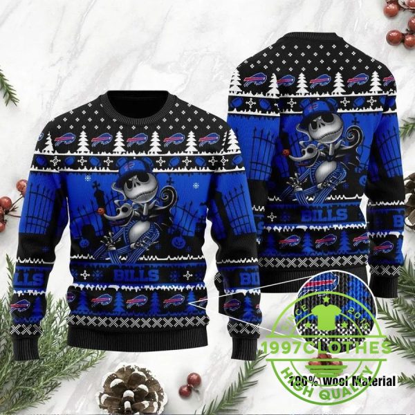 Buffalo Bills Jack Skellington Halloween Ugly Christmas Sweater, Buffalo Bills Ugly Sweater, NFL Ugly Sweater