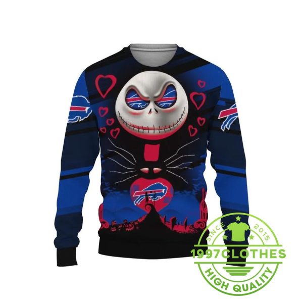 Buffalo Bills Jack Skellington Ugly Christmas Sweater, Buffalo Bills Ugly Sweater, NFL Ugly Sweater