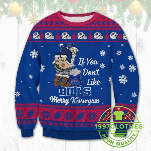 Buffalo Bills Santa Merry Kissmyass Ugly Christmas Sweater, Buffalo Bills Ugly Sweater, NFL Ugly Sweater