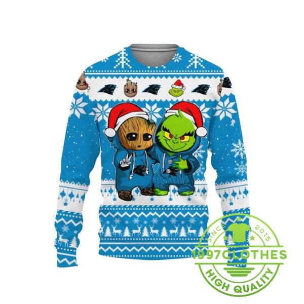 Carolina Panthers Baby Groot And Grinch Best Friends Ugly Christmas Sweater, Carolina Panthers Ugly Sweater, NFL Ugly Sweater