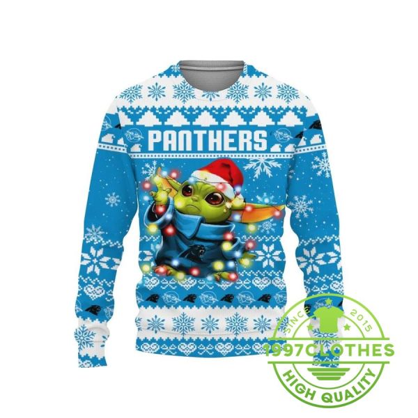 Carolina Panthers Baby Yoda Star Wars Ugly Christmas Sweater, Carolina Panthers Ugly Sweater, NFL Ugly Sweater