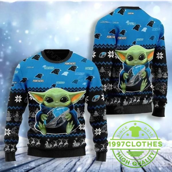 Carolina Panthers Baby Yoda Ugly Christmas Sweater, Carolina Panthers Ugly Sweater, NFL Ugly Sweater