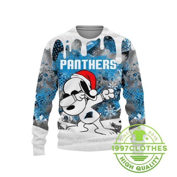 Carolina Panthers Snoopy Dabbing The Peanuts Ugly Christmas Sweater, Carolina Panthers Ugly Sweater, NFL Ugly Sweater