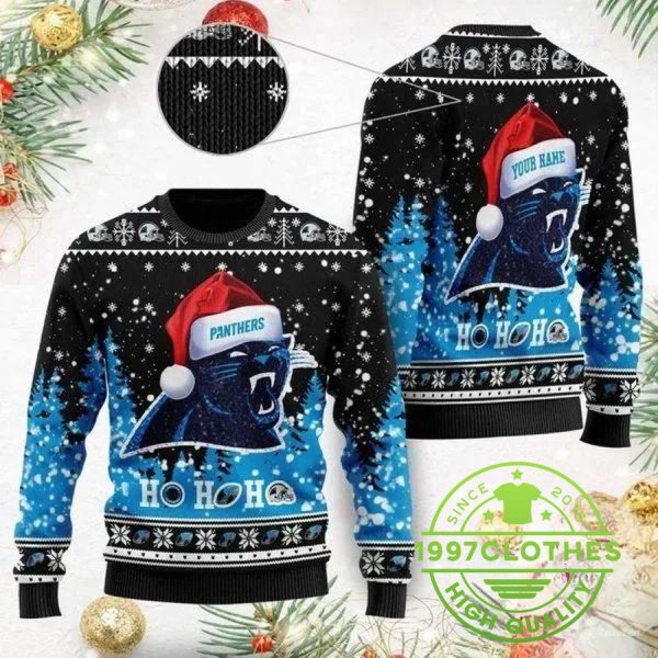 Carolina Panthers Wearing Santa Claus Hat Ho Ho Ho Custom Ugly Christmas Sweater, Carolina Panthers Ugly Sweater, NFL Ugly Sweater