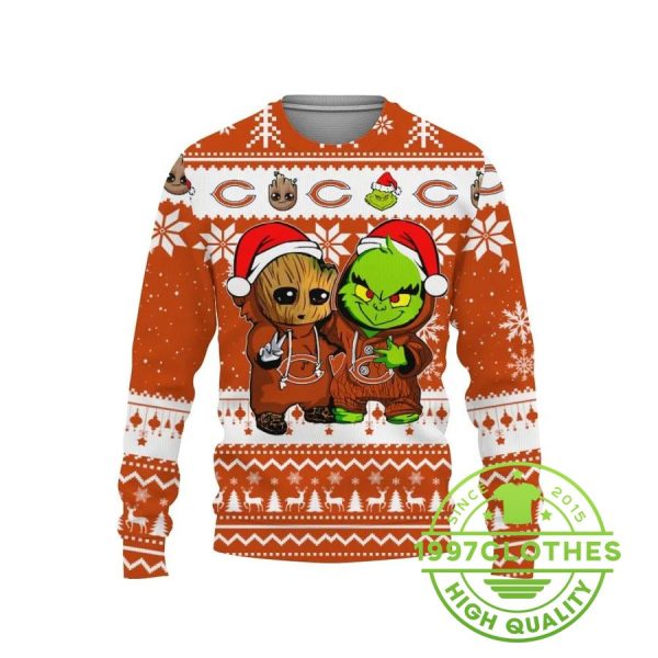 Chicago Bears Baby Groot And Grinch Best Friends Ugly Christmas Sweater, Chicago Bears Ugly Sweater, NFL Ugly Sweater