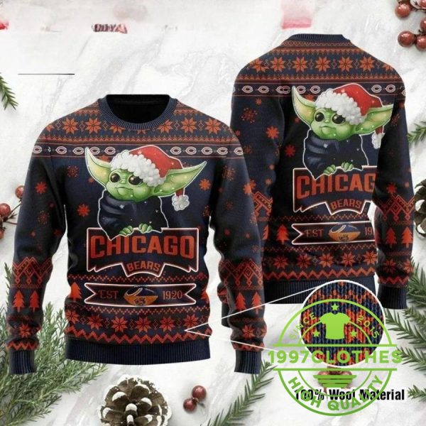 Chicago Bears Baby Yoda Ugly Christmas Sweater, Chicago Bears Ugly Sweater, NFL Ugly Sweater