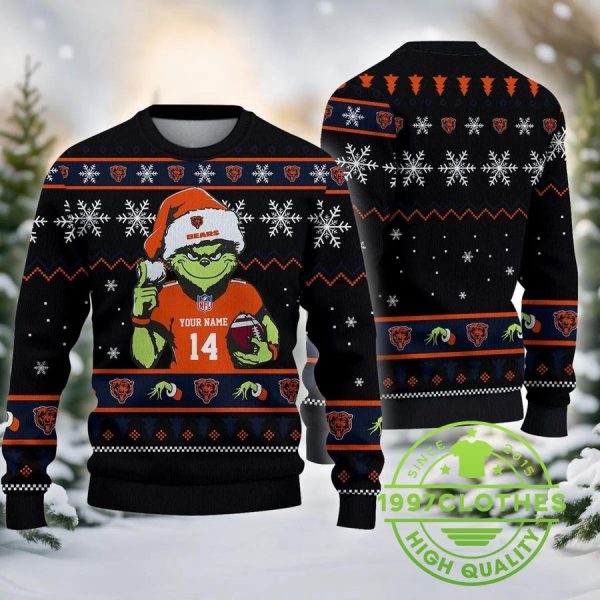 Chicago Bears Grinch Customs Chrismas Ugly Sweater, Chicago Bears Ugly Sweater, NFL Ugly Sweater