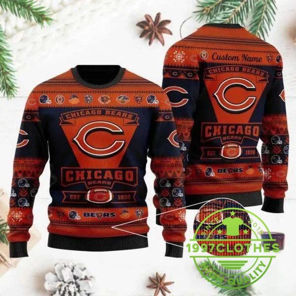 Chicago Bears Team Logo Custom Name Personalized Ugly Christmas Sweater, Chicago Bears Ugly Sweater, NFL Ugly Sweater