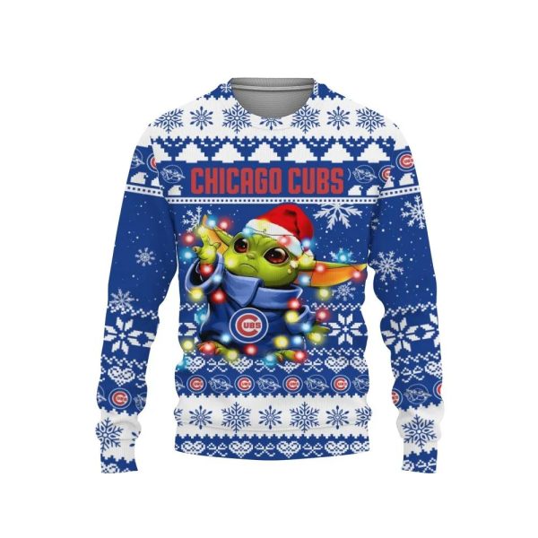 Chicago Cubs Baby Yoda Star Wars  Ugly Christmas Sweater, Chicago Cubs Ugly Sweater, MLB Christmas Sweater