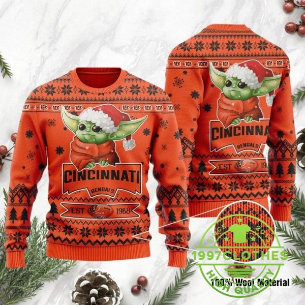 Cincinnati Bengals Baby Yoda Grogu Ugly Christmas Sweater, Cincinnati Bengals Ugly Sweater, NFL Ugly Sweater