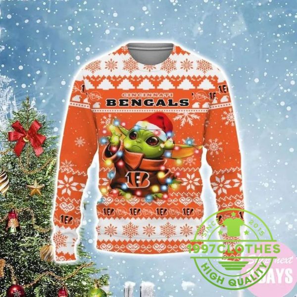 Cincinnati Bengals Baby Yoda Star Wars Light Ugly Christmas Sweater, Cincinnati Bengals Ugly Sweater, NFL Ugly Sweater