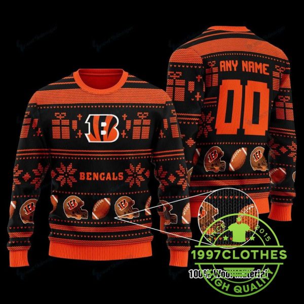 Cincinnati Bengals Custom Name Number Ugly Christmas Sweater, Cincinnati Bengals Ugly Sweater, NFL Ugly Sweater