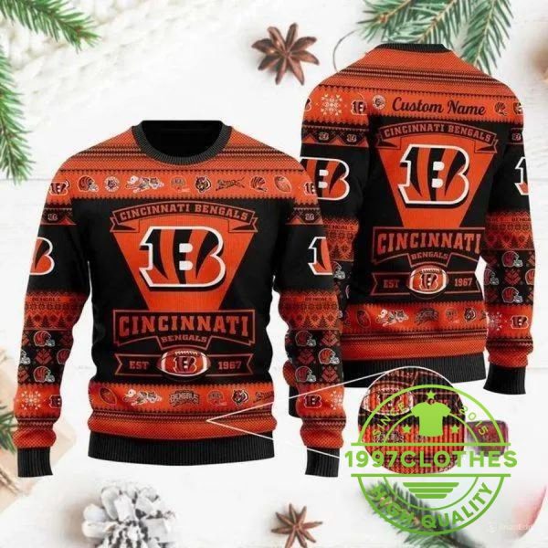 Cincinnati Bengals Custom Name Ugly Christmas Sweater, Cincinnati Bengals Ugly Sweater, NFL Ugly Sweater