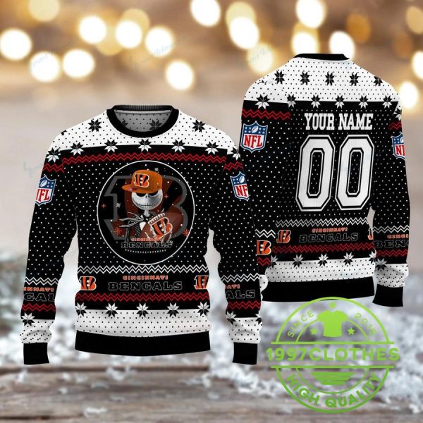 Cincinnati Bengals Jack Skellington Personalized Ugly Christmas Sweater, Cincinnati Bengals Ugly Sweater, NFL Ugly Sweater