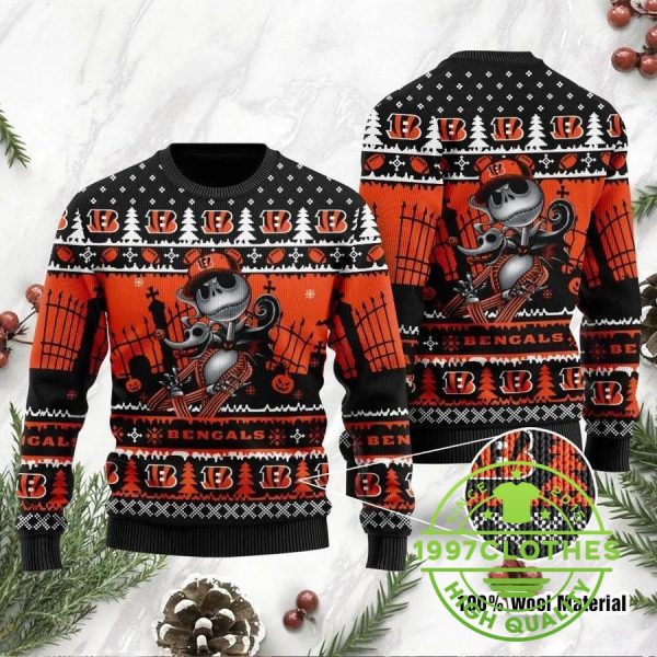 Cincinnati Bengals Jack Skellington Ugly Christmas Sweater, Cincinnati Bengals Ugly Sweater, NFL Ugly Sweater