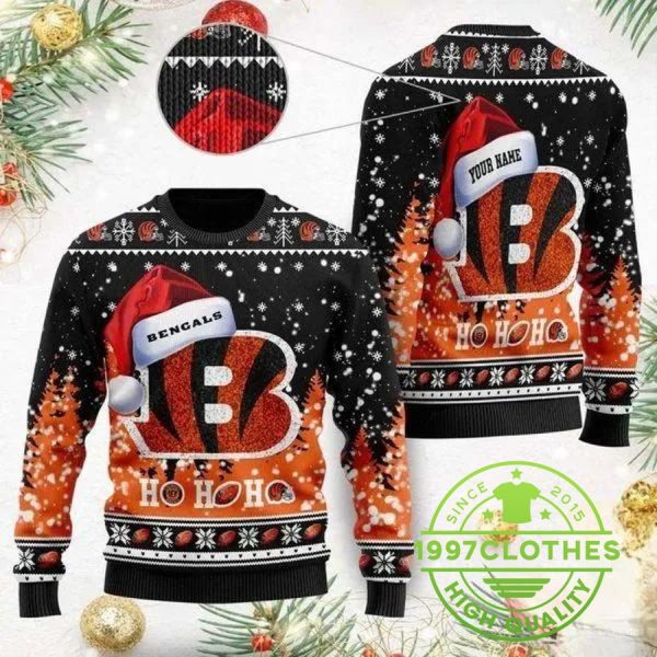 Cincinnati Bengals Santa Claus Hat Ho Ho Ho Personalized Ugly Christmas Sweater, Cincinnati Bengals Ugly Sweater, NFL Ugly Sweater