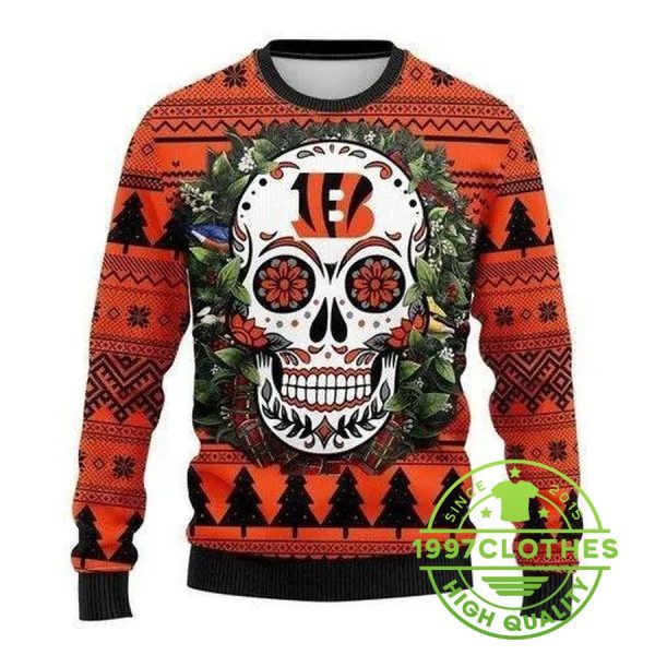 Cincinnati Bengals Skull Flower Calavera Ugly Christmas Sweater, Cincinnati Bengals Ugly Sweater, NFL Ugly Sweater