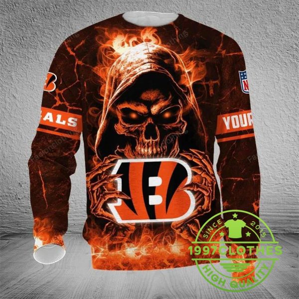 Cincinnati Bengals Skull Personalized Ugly Christmas Sweater, Cincinnati Bengals Ugly Sweater, NFL Ugly Sweater