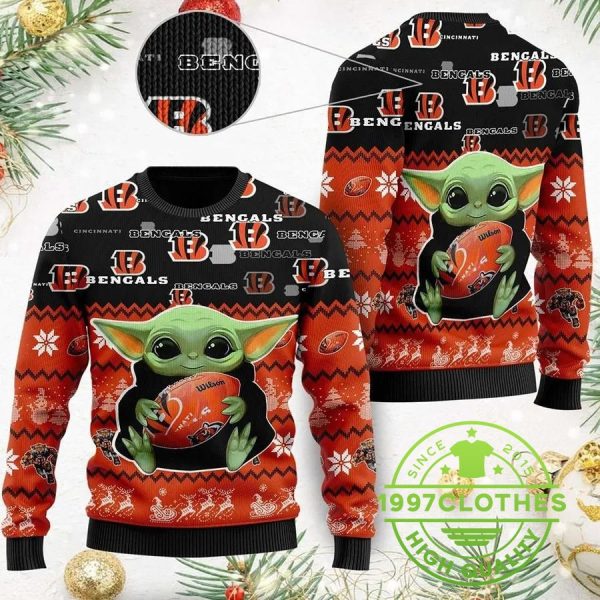 Cincinnati Bengals Star Wars Baby Yoda Ugly Christmas Sweater, Cincinnati Bengals Ugly Sweater, NFL Ugly Sweater