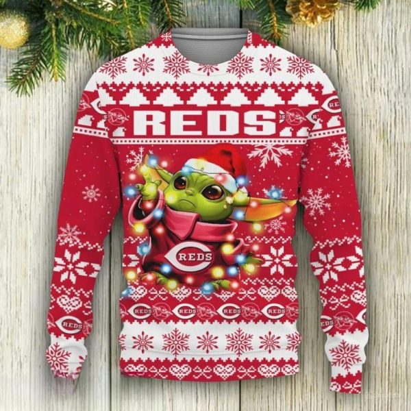 Cincinnati Reds Baby Yoda Star Wars Ugly Christmas Sweater, Cincinnati Reds Ugly Sweater, MLB Christmas Sweater