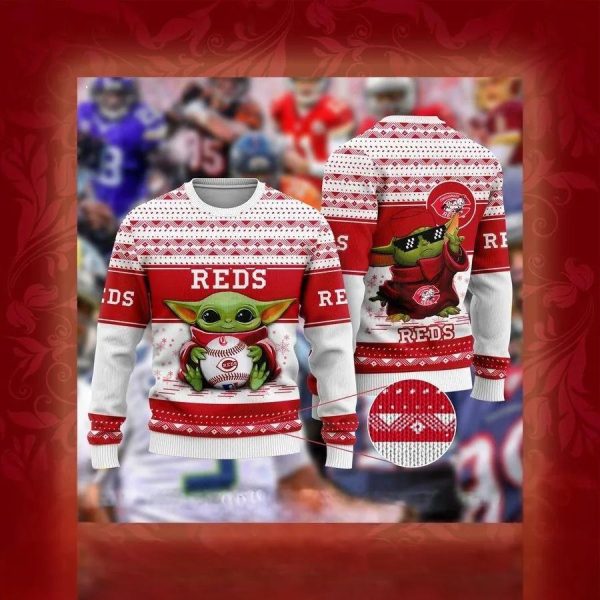 Cincinnati Reds Grogu Baby Yoda Hug Logo Ugly Christmas Sweater, Cincinnati Reds Ugly Sweater, MLB Christmas Sweater