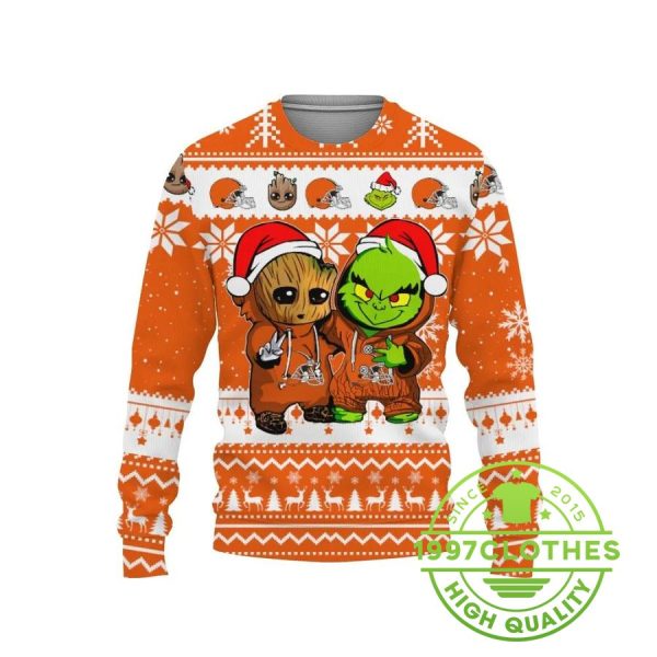 Cleveland Browns Baby Groot And Grinch Best Friends Ugly Christmas Sweater, Cleveland Browns Ugly Sweater, NFL Ugly Sweater