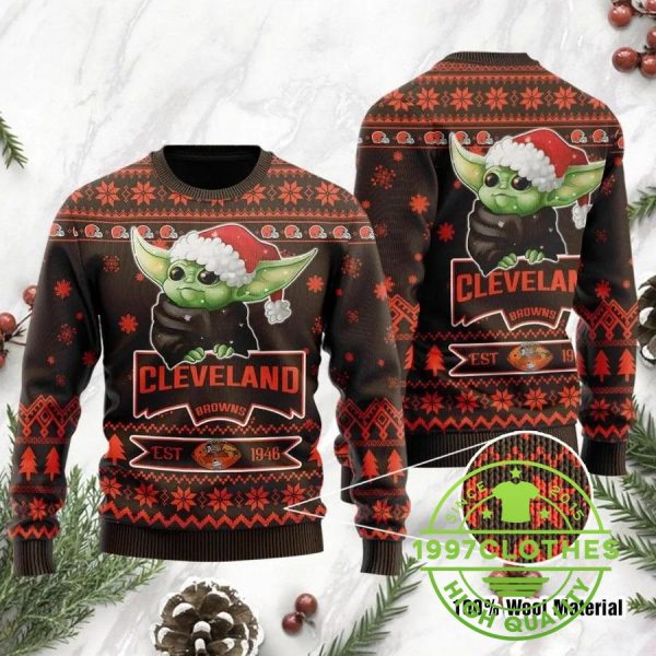 Cleveland Browns Baby Yoda Grogu Ugly Christmas Sweater, Cleveland Browns Ugly Sweater, NFL Ugly Sweater