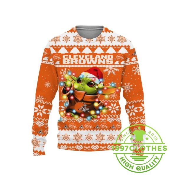 Cleveland Browns Baby Yoda Star Wars Ugly Christmas Sweater, Cleveland Browns Ugly Sweater, NFL Ugly Sweater