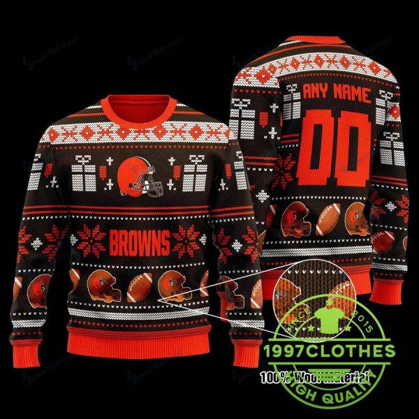 Cleveland Browns Custom Name Number Ugly Christmas Sweater, Cleveland Browns Ugly Sweater, NFL Ugly Sweater