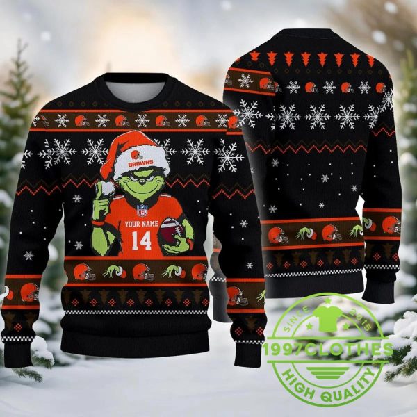 Cleveland Browns Grinch Custom Chrismas Ugly Sweater, Cleveland Browns Ugly Sweater, NFL Ugly Sweater