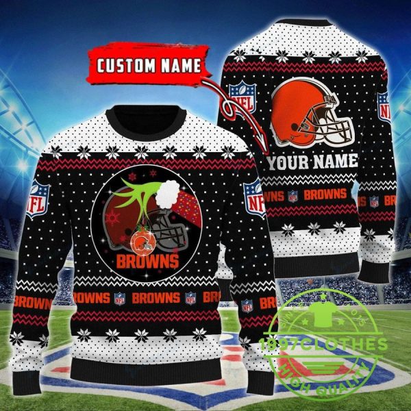 Cleveland Browns Grinch Custom Name Ugly Christmas Sweater, Cleveland Browns Ugly Sweater, NFL Ugly Sweater