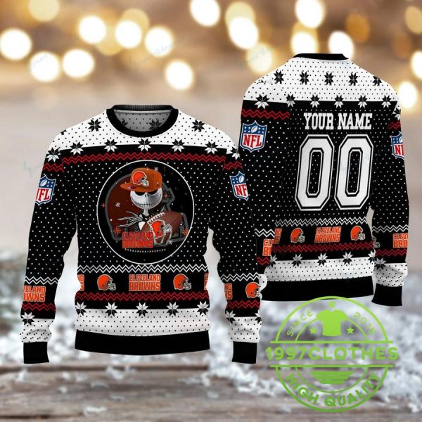 Cleveland Browns Jack Skellington Custom Name Ugly Christmas Sweater, Cleveland Browns Ugly Sweater, NFL Ugly Sweater