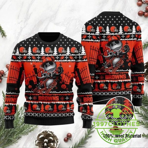 Cleveland Browns Jack Skellington Ugly  Christmas Sweater, Cleveland Browns Ugly Sweater, NFL Ugly Sweater