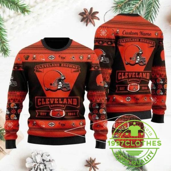 Cleveland Browns Team Logo Custom Name Personalized Ugly Christmas Sweater, Cleveland Browns Ugly Sweater, NFL Ugly Sweater