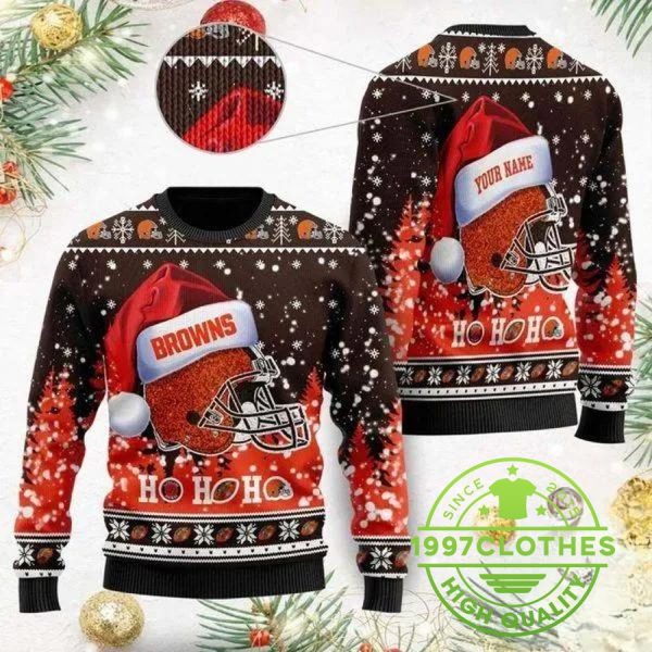 Cleveland Browns Wearing Santa Claus Hat Ho Ho Ho Custom Personalized Ugly Christmas Sweater, Cleveland Browns Ugly Sweater, NFL Ugly Sweater