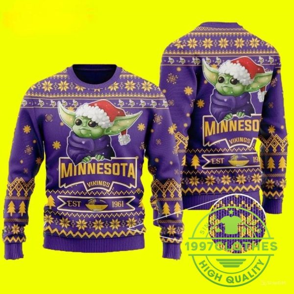 Cute Baby Yoda Grogu Minnesota Vikings Ugly Christmas Sweater, Minnesota Vikings Ugly Sweater, NFL Ugly Sweater