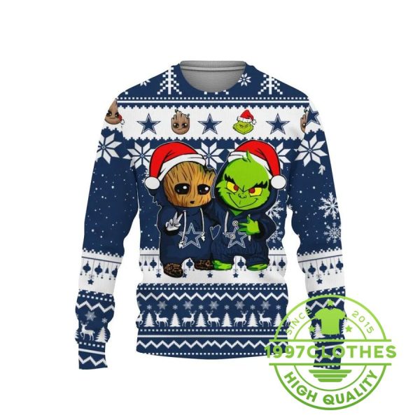 Dallas Cowboys Baby Groot And Grinch Best Friends Ugly Christmas Sweater, Dallas Cowboys Ugly Sweater, NFL Ugly Sweater