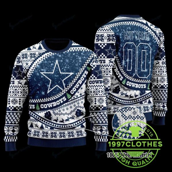 Dallas Cowboys Custom Name Number Ugly Christmas Sweater, Dallas Cowboys Ugly Sweater, NFL Ugly Sweater