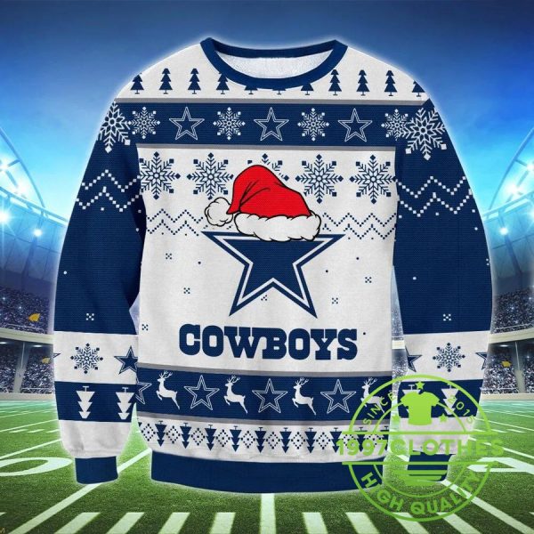 Dallas Cowboys Santa Hat Ugly Christmas Sweater, Dallas Cowboys Ugly Sweater, NFL Ugly Sweater