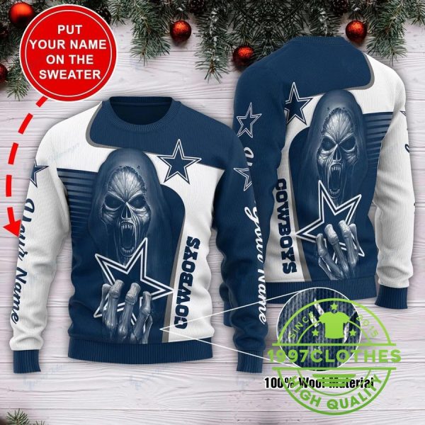 Dallas Cowboys Skull Custom Ugly Christmas Sweater, Dallas Cowboys Ugly Sweater, NFL Ugly Sweater