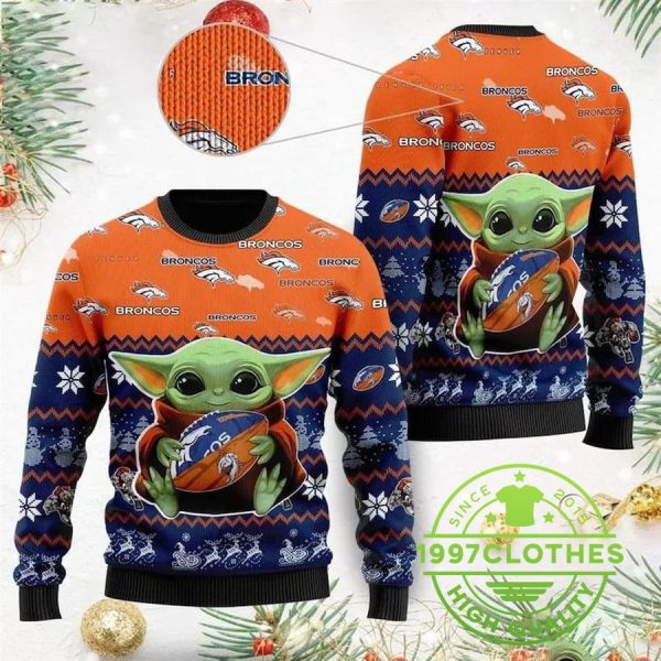 Denver Broncos Baby Yoda Ugly Christmas Sweater, Denver Broncos Ugly Sweater, NFL Ugly Sweater