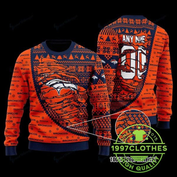 Denver Broncos Custom Name Number Christmas Ugly Sweater, Denver Broncos Ugly Sweater, NFL Ugly Sweater